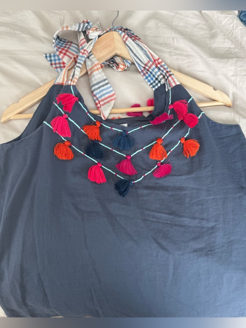 THML Blue Cotton Halter Top with Decorative Trim